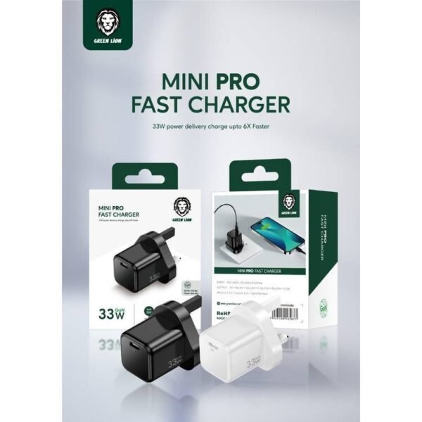 Green Lion Mini Pro Fast PD GaN Charger 33W UK - Black