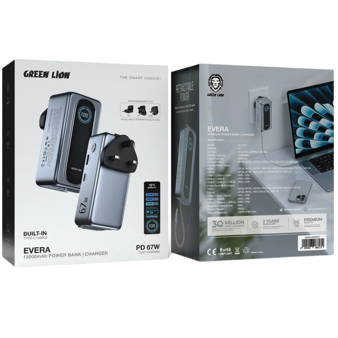 Green Lion EVERA 15000mAh Power Bank + Charger with TFT Display PD 67W - Image 3